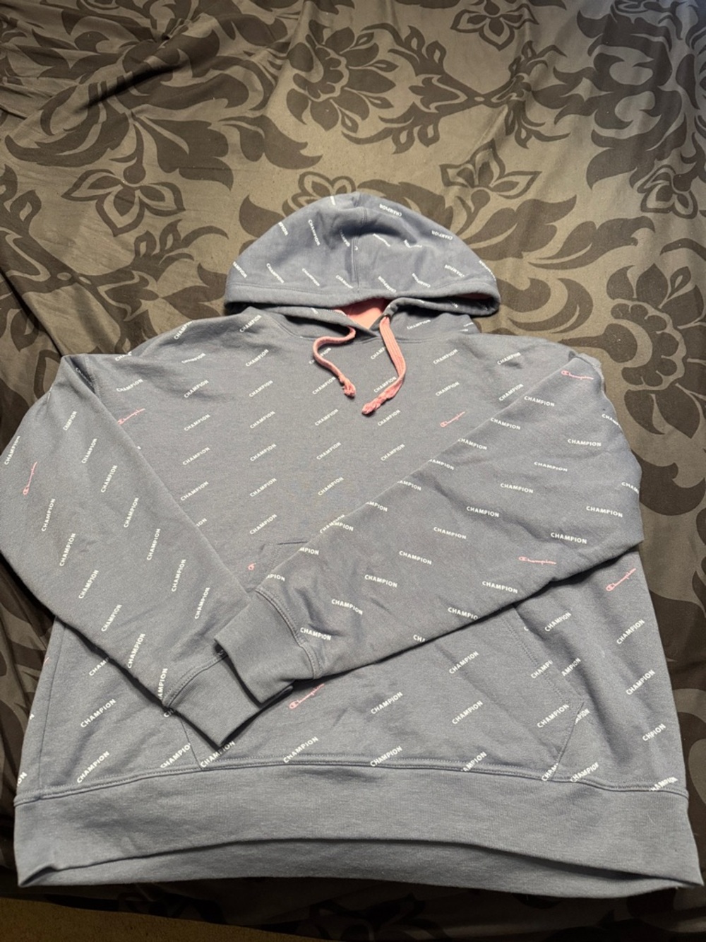 Champion Woman’s slate blue Hoodie with Pink Drawstrings and Logo Print